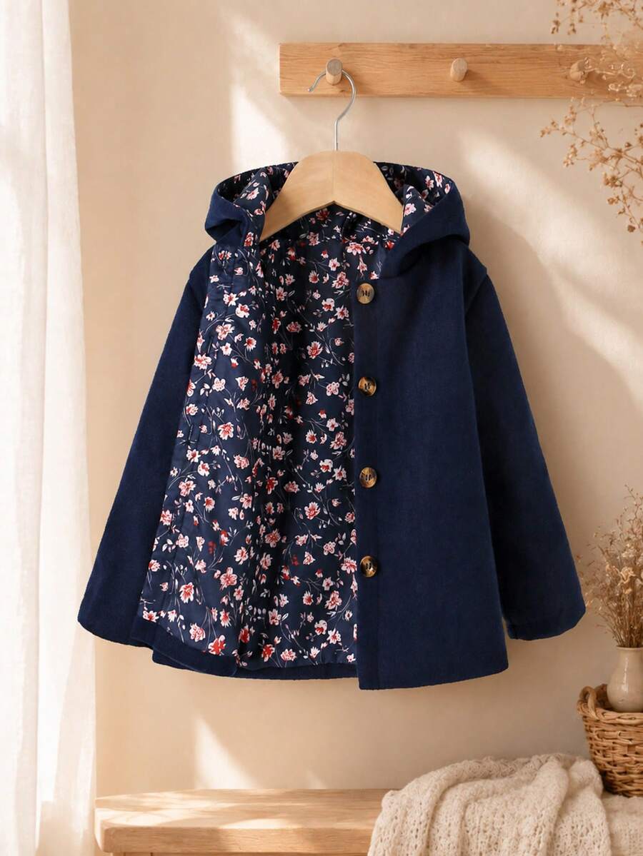 Girls Casual Daily Hooded Regular Shoulder Long Sleeve Loose Mid-Length Solid Color Overcoat - Blue - View 1