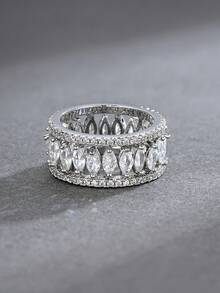 1pc Fashionable European And American Style Double Layer Hollow Eye-Shaped Zirconia Wide Band Ring, Women's Wedding, Evening Party, Gathering, Daily Commute Accessory - Multicolor - View 12