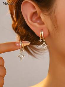 1 Pair Minimalist Luxury Double Star Earrings, Gold-Plated Wide Zirconia Women's Earrings, Unique Design Suitable For Work/Party - Double Geometric Earrings - View 2