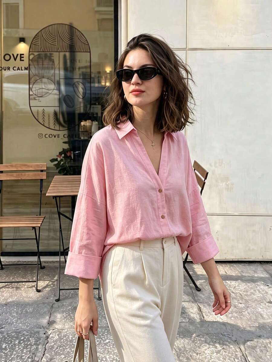 Women's Lapel Long Sleeve Button-Down Loose Casual Shirt Yellow Pink - Pink - View 1