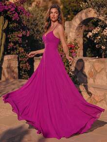 Smilprince Women's Fuchsia Spaghetti Strap Maxi Dress, Ruched Bust Sleeveless Flowy A Line Evening Gown, Summer Fall Wedding Guest Prom Party Formal Dress - Hot Pink - View 3