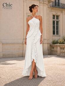 White:White Halter Ruffle Pleated Asymmetrical Formal Maxi Dress - 白色 - 查看 2