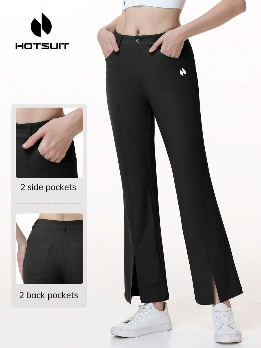 HOTSUIT Women's Knitted Flare Pants, Side Slit With Pockets, Solid Color, Front Slit Design, Suitable For Golf, Daily And Sports Wear - Black - View 1