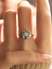 GAGAFEEL 1pc S925 Sterling Silver Elegant Fashion Vintage Colorful Zirconia Lotus Flower Finger Ring For Women, Suitable For Daily Wear, Party Jewelry Gift For Female Friends - Silver - View 3