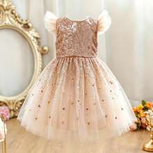 Girls' Flutter Sleeve Sequin Top Star Glitter Princess Dress, Flower Girl Birthday Wedding Party Formal Dress - Gold - View 8