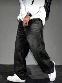 Y2K Retro Stil Herren Hell Waschung Locker Weite Beine Lässig Jeans, Perfektes Geschenk für Ehemann oder Freund - Schwarz - Übersicht 1