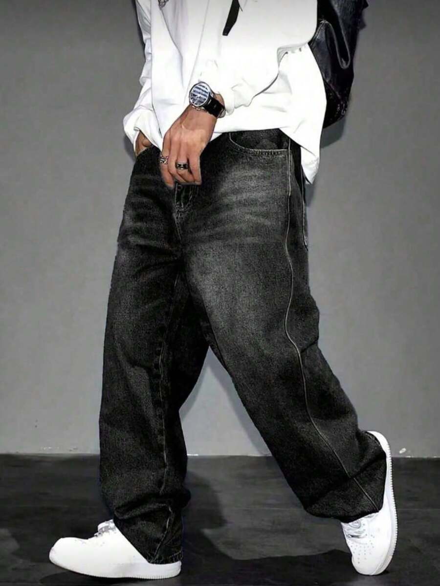 Y2K Retro Stil Herren Hell Waschung Locker Weite Beine Lässig Jeans, Perfektes Geschenk für Ehemann oder Freund - Schwarz - Übersicht 1
