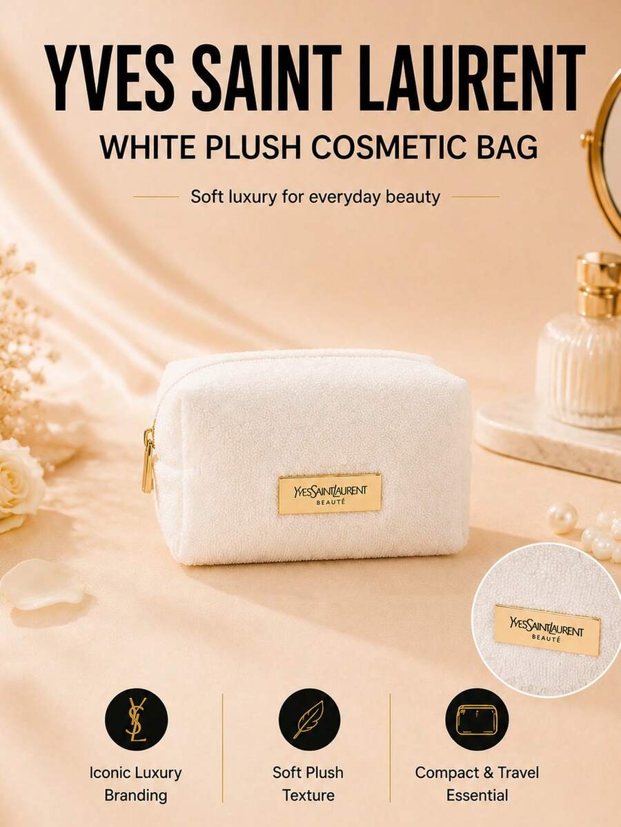 YSL White Plush Makeup Bag, Sold Individually, Soft Plush Material With Smooth Zipper, Suitable For Daily Storage And Travel