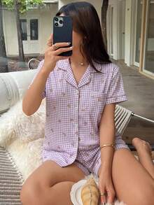 2件組舒適格紋泰迪熊印花短袖上衣與蝴蝶結短褲女款睡衣套裝，適合四季穿著 - 紫色 - 查看 4