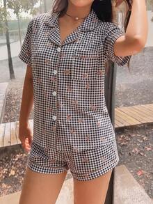 2件組舒適格紋泰迪熊印花短袖上衣與蝴蝶結短褲女款睡衣套裝，適合四季穿著 - 黑色 - 查看 5