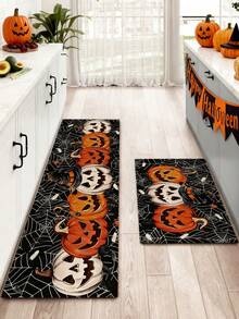 1/2pcs Halloween Kitchen Decor Rug, Halloween Pumpkin Kitchen Rug And Mat, Non-Slip Washable Absorbent Kitchen Accessory Decorative Mat - Multicolor - View 2