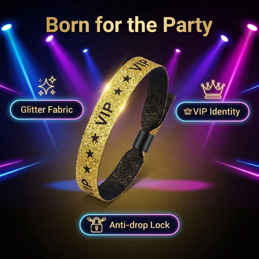 Shiny Gold VIP Star Print Disposable Fabric Wristband, Waterproof Identification Bracelet, Suitable For Concerts, Festivals, Nightclubs, Weddings, Party Events Access Control Decoration - View 1