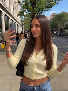Summer Fall Women Casual Elegant Cardigans Yellow Y2K Cropped Slim Long Sleeve V Neck Button Down Knit Perfect For Vacation & Party - Yellow - View 5