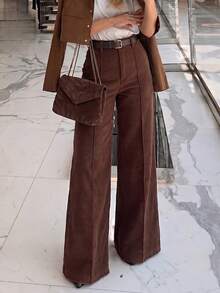Celana Panjang Wanita Model Korduroi Pinggang Tinggi dengan Kaki Lebar, Jahitan Vertikal di Depan, Resleting Kancing Tunggal, Celana Panjang Kasual Warna Polos - Coklat - View 2