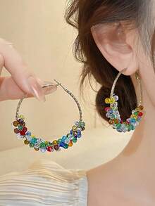 1 Pair Sweet Elegant Colorful Wrapped Beaded Hoop Earrings Suitable For Vacation And Party Wear - Colorful - View 5