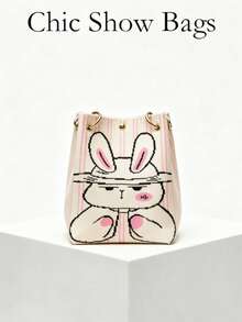 Bolso tote de cubo de punto para mujer, estampado de conejo de dibujos animados a rayas con anillo de metal, diseño de botón a presión, portátil para uso diario, lindo y casual, adecuado para chicas en primavera/verano para compras y uso diario - Beis - Ver 1