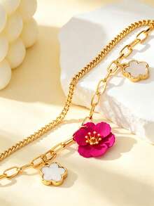 1 pieza Tobillera elegante y encantadora con colgante de trébol de doble capa de color rojo rosa, estilo de vacaciones de verano, adecuada para mujeres, apta para vacaciones, fiestas, citas, regalos, uso diario - Multicolor - Ver 5