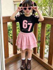 Toddler Girls' Numeric Print Round Neck Short Sleeve Top And Skirt Set - Black - View 1