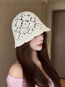 1pc Bohemian Style Crochet Bucket Hat, Hollow Lace Knit, Lightweight Breathable Foldable Sun Hat, Summer Beach Hat, Suitable For Women Girls, Travel Holiday Casual - A - View 1