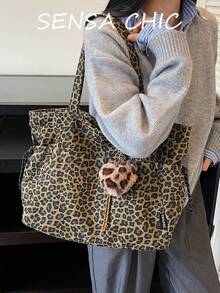 Stylish Leopard Print Tote Bag, Large Capacity Shoulder Bag, Perfect Underarm Bag For Commuting - Coffee - View 4