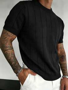Men's Casual Minimalist Solid Color Short Sleeve Knit Top - Black - View 5