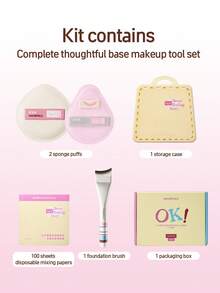 Amortals 5Pcs Base Makeup Kit – 30mm Crescent Foundation Brush, 2 Thick 4mm Rubycell Puffs, 100 Oil-Proof Mixing Papers + Dust-Proof Case, Flawless Daily Base Makeup, Viral Trending Starter Cosmetic Gift Set - Multicolor - View 7