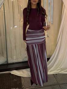 Elegant Women's Long Sleeve Knit Off-Shoulder Maxi Dress, Slit Striped Hem, Slim Fit Waist Design, Suitable For Autumn Casual Wear - Purple - View 4