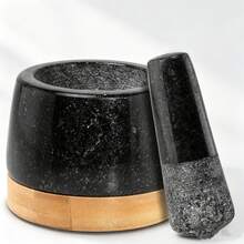 10cm Granite Mortar And Pestle Set, Comes With Wooden Coaster, Convenient For Daily Use - Black - View 1