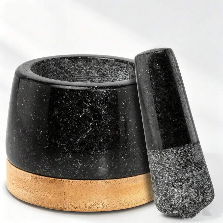 10cm Granite Mortar And Pestle Set, Comes With Wooden Coaster, Convenient For Daily Use - Black - View 1