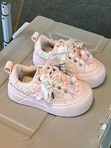1 Pair Children's Casual Sneakers With Floral Pearl Ribbon Bow, Soft Light Pink Colorway And Delicate Decor - Pink - View 2