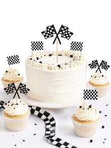 44pcs-Checkered Racing Glitter Double Flag And Checkered Cupcake Toppers; Black Glitter Racing Finish Line Checkered Flag Cupcake Toppers, Checkered Racing Flag Toothpicks, Suitable For Racing Flag Theme Baptism Party Cup Decoration, Racing Birthday Party Decoration, Sports Theme Event Checkered Flag Decoration - Multicolor - View 5