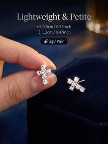 1 Pair New Full Rhinestone Cross Stud Earrings, Elegant Personalized Small Style, Suitable For Men And Women, Simple Versatile Rhinestone Ear Studs For Women - Silver - View 2