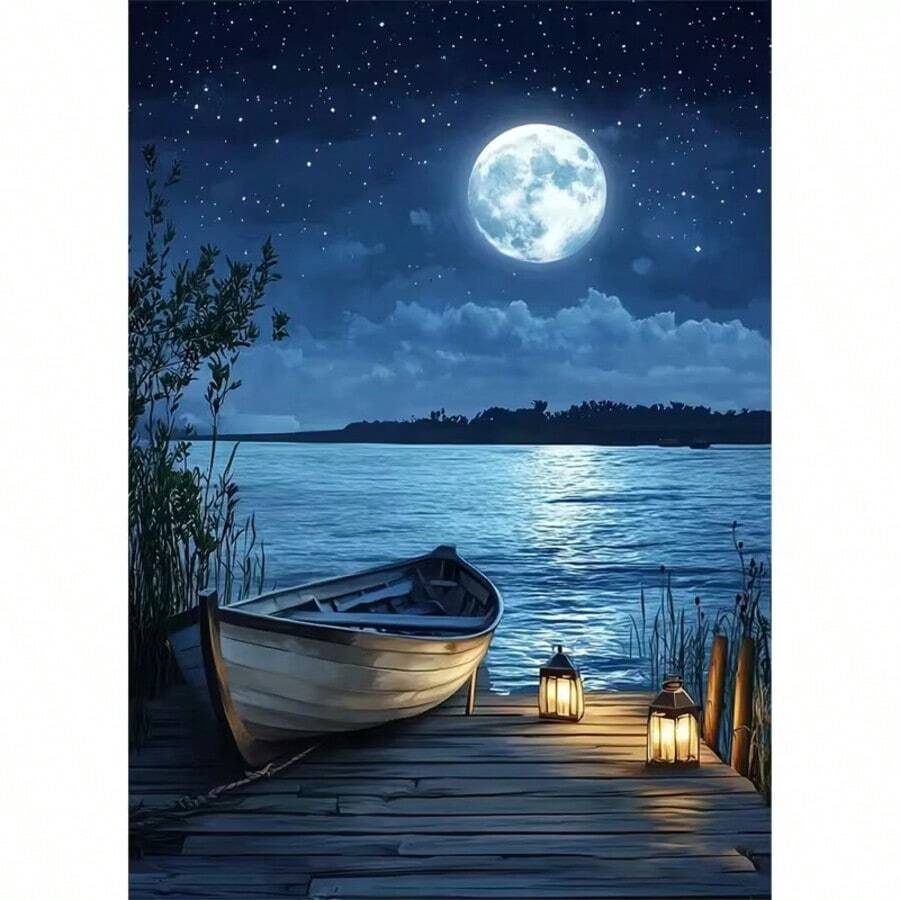 1PC DIY 5D Diamond Painting Kit Moonlight Lake Pattern - Round Full Drill Art Mosaic Craft, Home Wall Decor, Unframed - No Frame - View 1