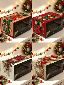 1pc Christmas Microwave Oven Cover, Bow&Christmas Ball, Poinsettia Design Polyester Household Kitchen Microwave Oven Dust Cover, Perfect For Holiday Kitchen Decor & Appliance Protection, Christmas Decoration, 2D Flat - Multicolor - View 2
