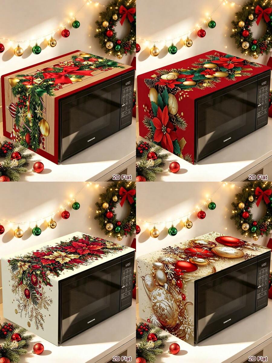 1pc Christmas Microwave Oven Cover, Bow&Christmas Ball, Poinsettia Design Polyester Household Kitchen Microwave Oven Dust Cover, Perfect For Holiday Kitchen Decor & Appliance Protection, Christmas Decoration, 2D Flat