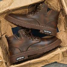 STARNOVO Men's Classic High-Top Leather Riding Boots, Lace-Up And Side Zipper Design, Vintage Style, Suitable For Street Fashion, Motorcycle Riding, Outdoor Work, And Daily Wear - Brown - View 5