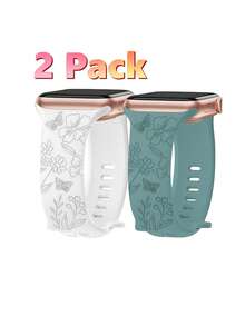 2pcs Women's Fashion Multi-Piece Carved Silicone Watch Bands, Compatible With IWatch SE/Ultra Series, S11, 10, 9, 8, 7, 6, 5, 4, 3, 2, 1 (S10/11-42mm, S10/11-46mm) Full Series, Compatible With Apple Watch 38/40/41/42/44/45/46/49mm Sizes, Women's Soft Sports Replacement Wristbands, Suitable For Daily And Holiday Wear - White Pine Needles Green - View 6