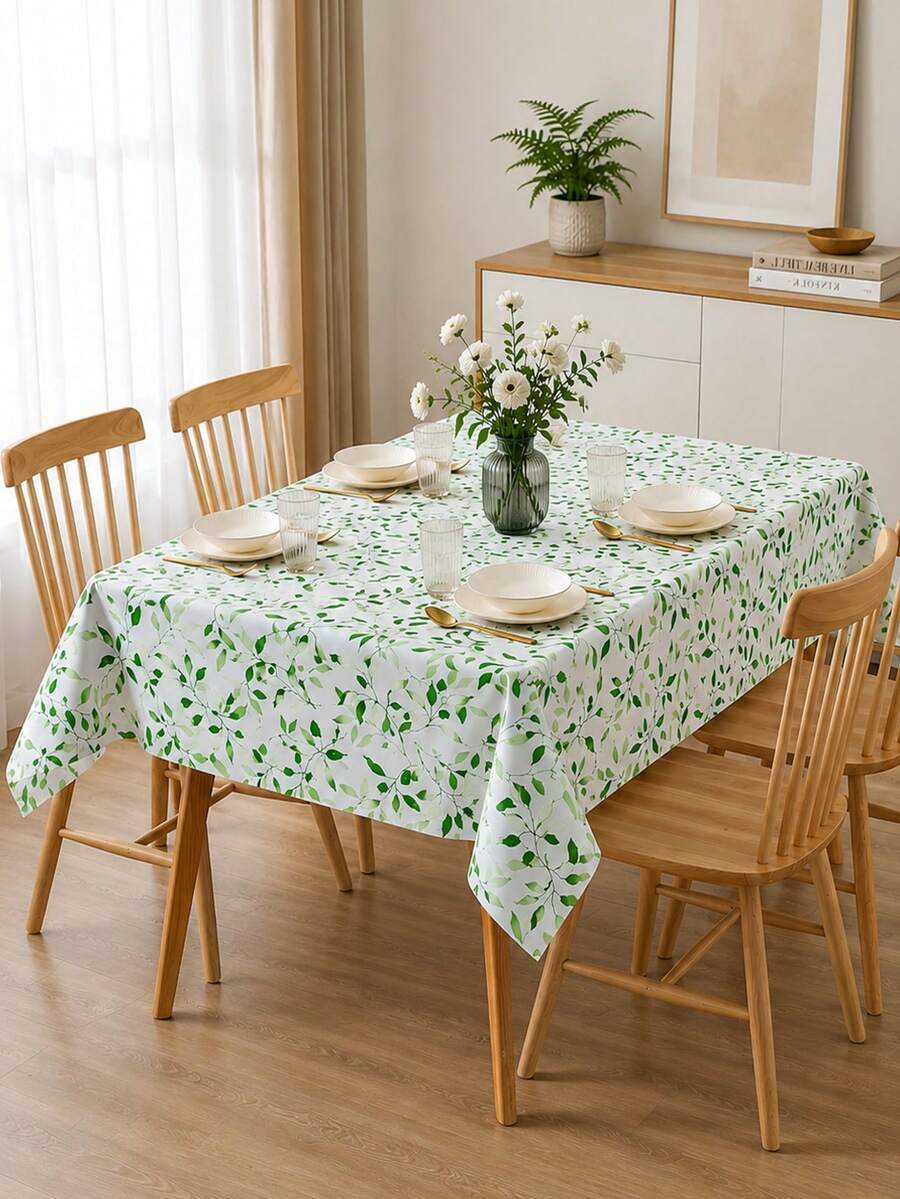 1 Piece Fresh Green Leaf Print PVC Non-Woven Composite Tablecloth, Waterproof Oil-Proof Stain Resistant Wipe Clean Rectangle Table Cover, Indoor Outdoor For Dining Room Kitchen Picnic Party Coffee Table Home Decor - A - View 1
