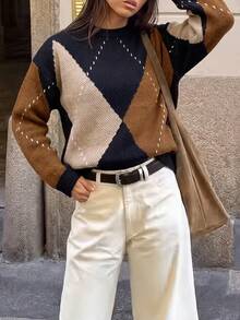 Women's Vintage Argyle Knit Long Sleeve Crew Neck Pullover, Suitable For Autumn/Winter Wear - Multicolor - View 2