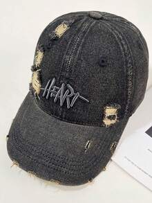 做舊水洗丹寧棒球帽 HEART字母刺繡 破洞毛邊設計復古Dad Hat Y2K街頭風中性戶外遮陽帽 - heart牛仔棒球 - 查看 3