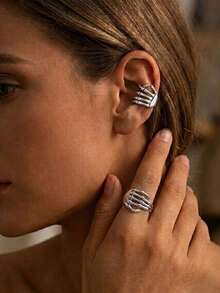 2pcs/Set Anting Jepit dan Cincin Bentuk Tangan Tengkorak Gaya Gotik untuk Wanita, Model Vintage Perak Punk Halloween, Bentuk Tengkorak, Cincin Terbuka yang Dapat Diatur, Jepit, dan Anting Lilit. - MultiWarna - View 2