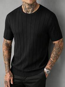 Men's Casual Minimalist Solid Color Short Sleeve Knit Top - Black - View 4