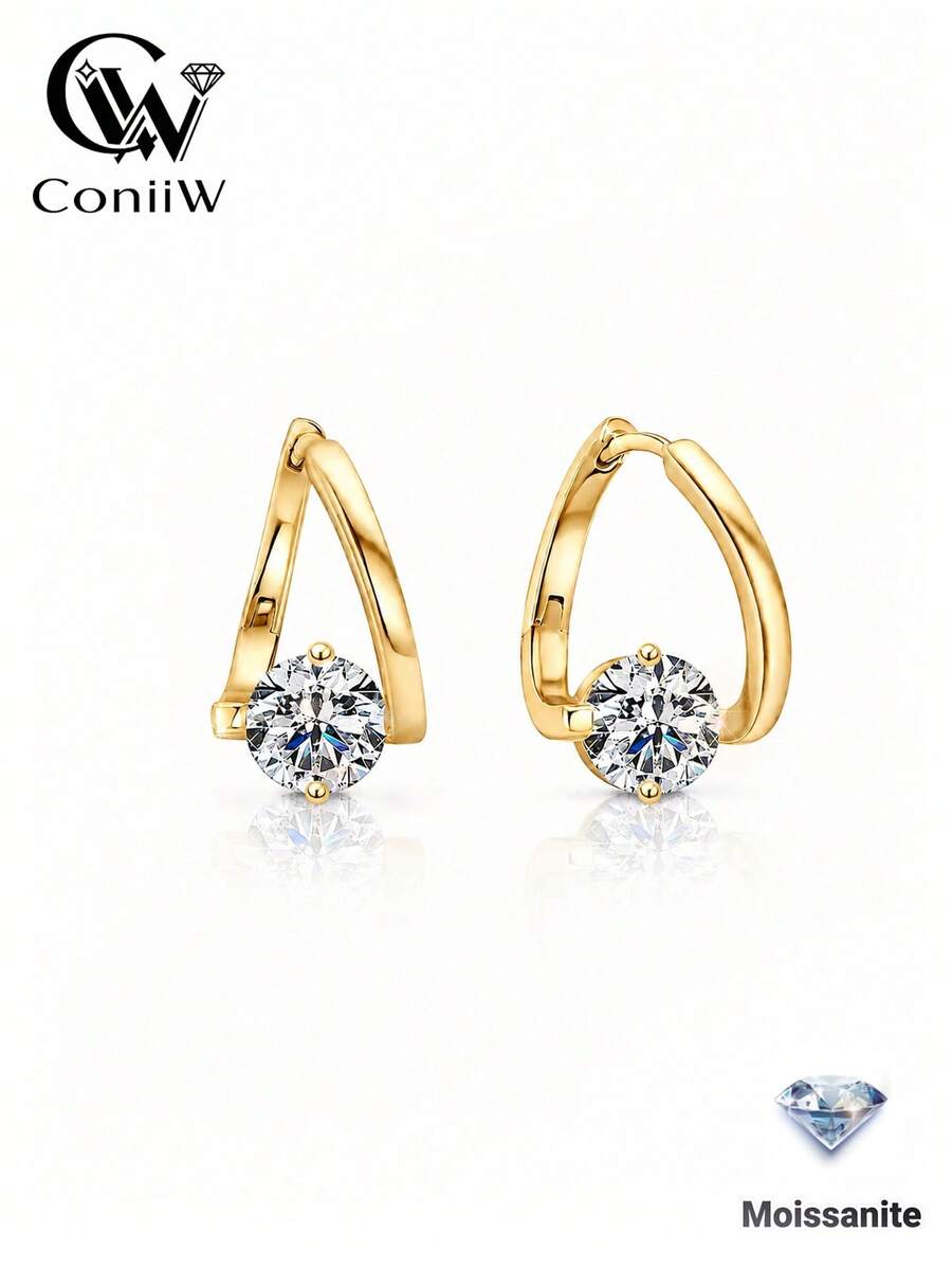 ConiiW 1對 925純銀 1克拉莫桑石耳釘，非對稱造型，適合女性日常配戴、派對與約會