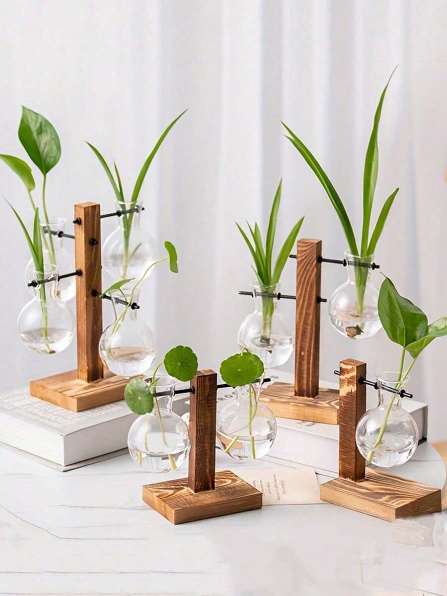 Haus Hana 1/2/3PCS Elegant Hydroponic Glass Flower Vase With Wooden Stand, Vintage Bulb Shape For Desktop Planting, Hydroponic Propagation, Home And Garden Decoration - Brown - View 1