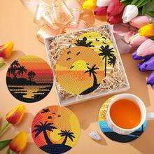 Sunset 8pcs DIY Diamond Painting Coaster Set, Smooth High-Gloss Rhinestone Surface, Secure Adhesion With Complete Tool Kit, Easy For Beginners, Stress-Relief Handmade Craft, New Year Spring Festival Valentine's Day Christmas Teacher's Day Holiday Gift, Heat-Insulating Decorative Coasters For Home Dining Table Coffee Table, Gift For Family Friends Besties Teachers - 8 Pcs - View 4