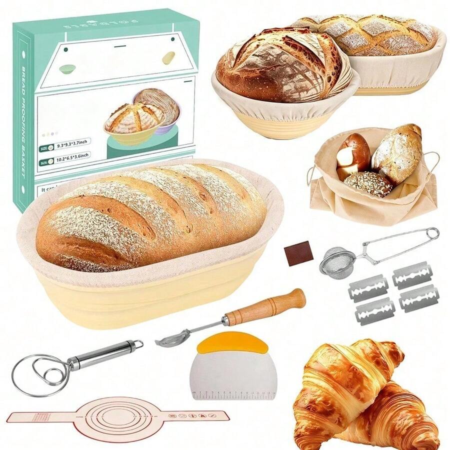 Handwerkliches Brotbackset mit 2 Gärkörben, Backmatte, Brotbeutel und Schneebesen – Komplettes Set für Sauerteigbrot und rustikale Brote, ideal für Hobbybäcker und Eltern. - Beige - Übersicht 1