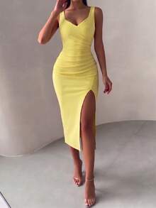 Vestido Maxi Elegante y Sexy con Tirantes de Espagueti, Fruncido, Abertura Asimétrica, Ajustado, Amarillo, para Mujer, Noche, Discoteca, Cóctel y Fiesta - Amarillo - Ver 6