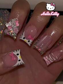 Sanrio 24片 Y2K 中號鴨豹紋亮片法式穿戴甲，可愛 3D Hello Kitty、蝴蝶結、珍珠、水鑽與花朵設計，粉色甜美女孩風，完美貼合假指甲套組，適合女孩日常與派對使用 Hello Kitty 美甲用品 - 彩色 - 查看 1