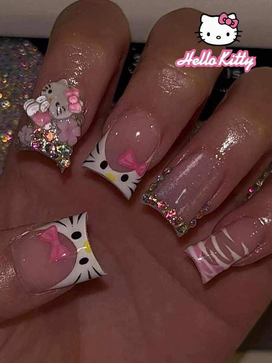 Sanrio 24片 Y2K 中號鴨豹紋亮片法式穿戴甲,可愛 3D Hello Kitty、蝴蝶結、珍珠、水鑽與花朵設計,粉色甜美女孩風,完美貼合假指甲套組,適合女孩日常與派對使用 Hello Kitty 美甲用品 - 彩色 - 查看 1