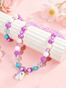 2pcs/Set Kids Unicorn Rainbow Beaded Necklace & Bracelet Set, Cute Cartoon Pendant Jewelry Gift For Girls, Suitable For Daily Wear And Holidays - one-size - View 2